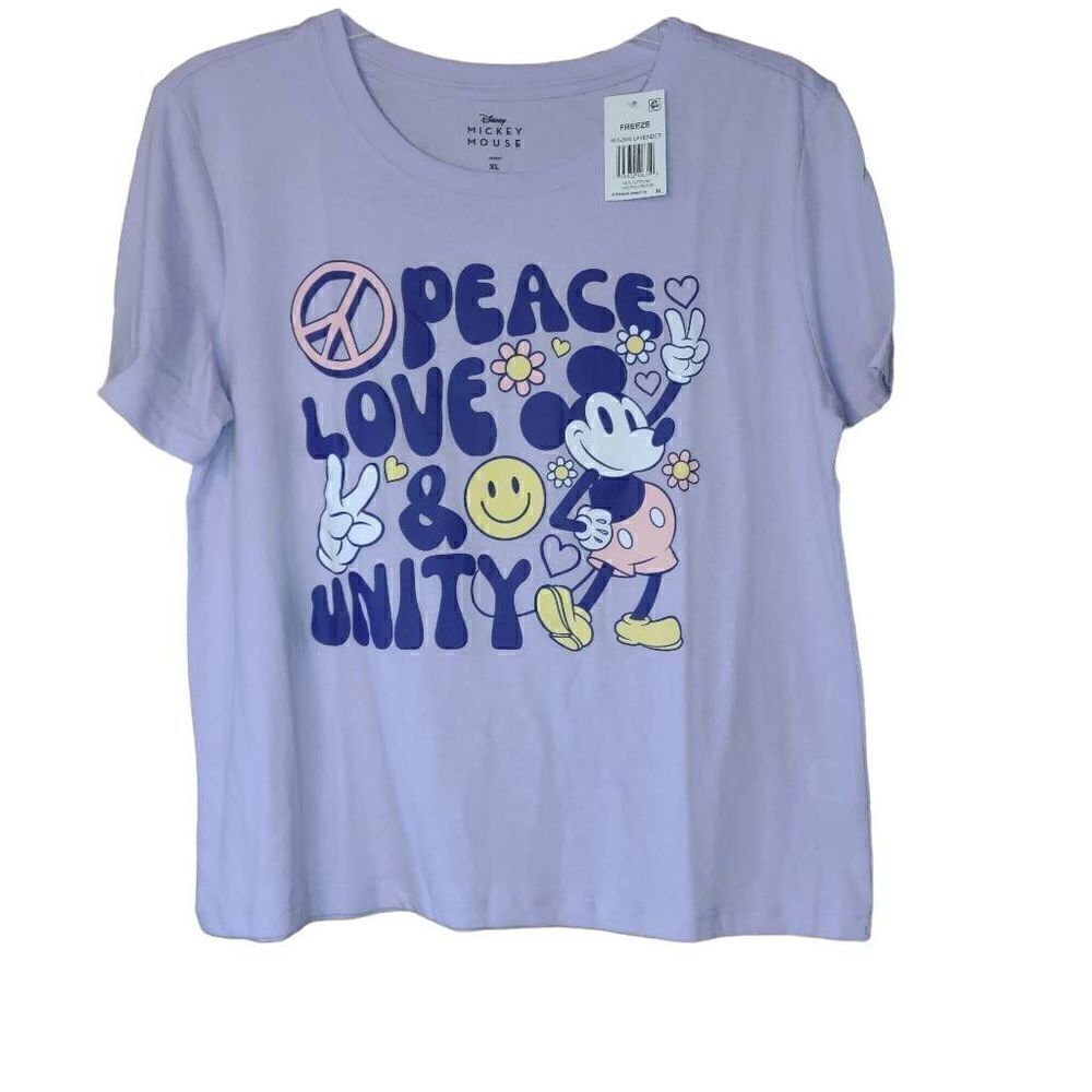 Disney Juniors' Mickey Mouse Peace Shrunken Skimmer Graphic T-Shirt Lavender XL